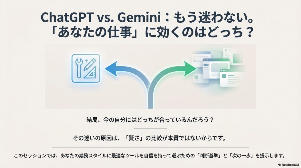 ChatGPTとGeminiのどちらが仕事に効くか、業務スタイルに最適なツールを選ぶための判断基準を提示するガイドの表紙。