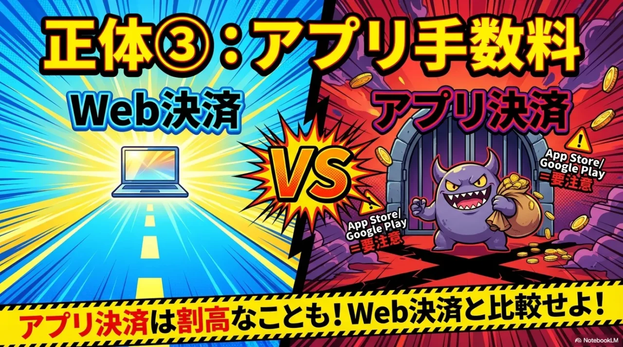 Web決済とアプリ課金の違いで請求が変わることを示す画像