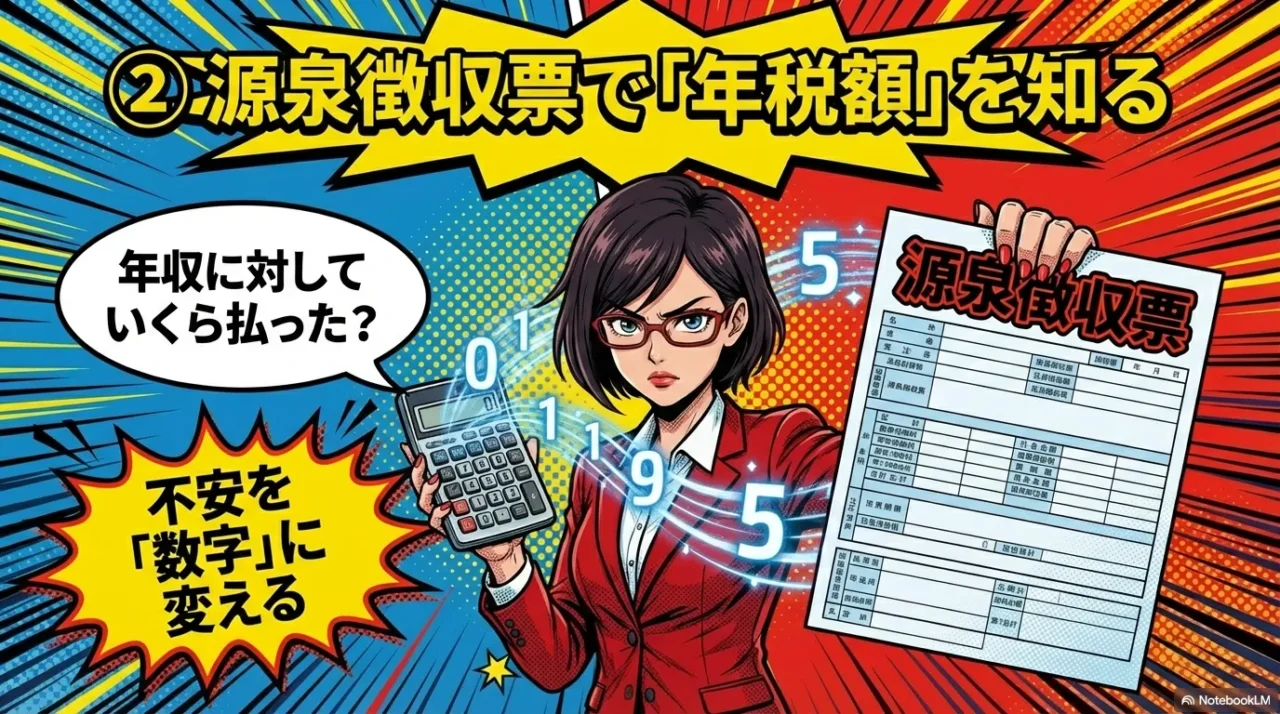 源泉徴収票を見て年収に対していくら税金を払ったかを確認し、漠然とした不安を「数字」に変えることを提案する図解