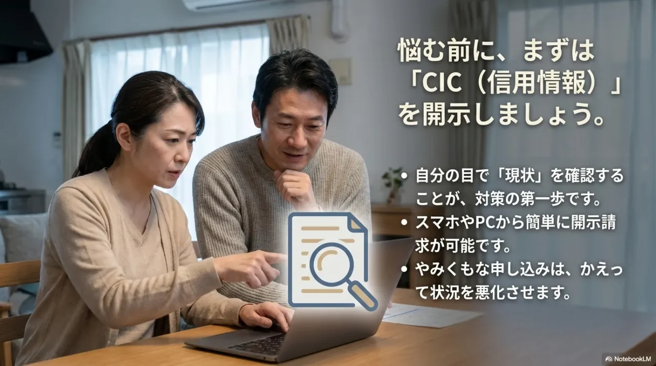 悩む前にまずはCIC（信用情報）を開示して現状を確認しましょう。スマホやPCから簡単に開示請求が可能です。