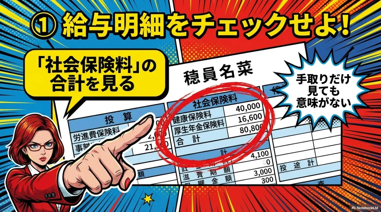 手取りだけ見ても意味がないため、給与明細の「社会保険料」の合計額を確認することを推奨する図解