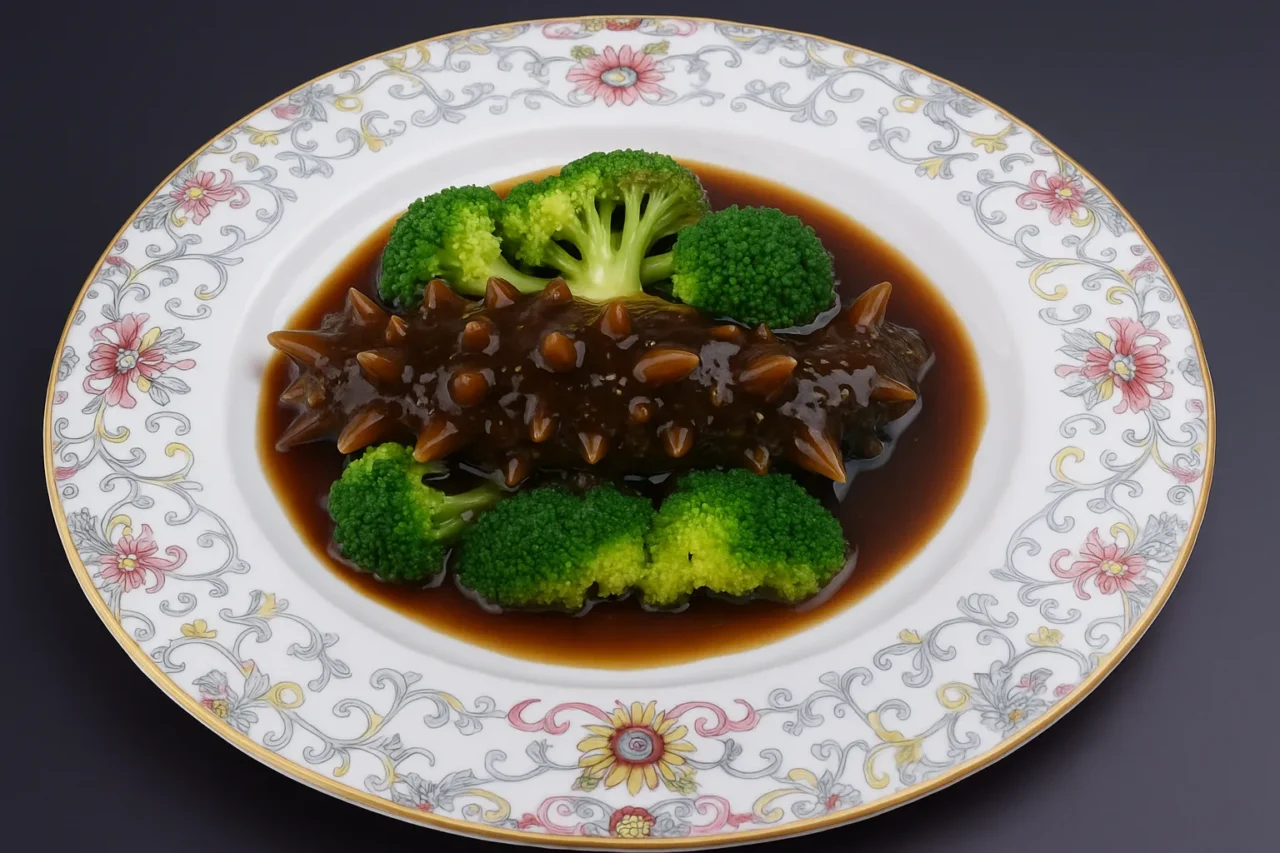 中華料理のナマコ煮込みとブロッコリーの盛り付け