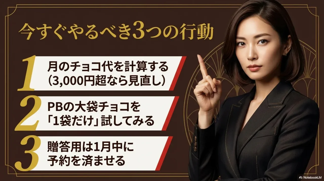 月のチョコ代計算やPBを試すなど、今すぐできる対策をまとめた画像