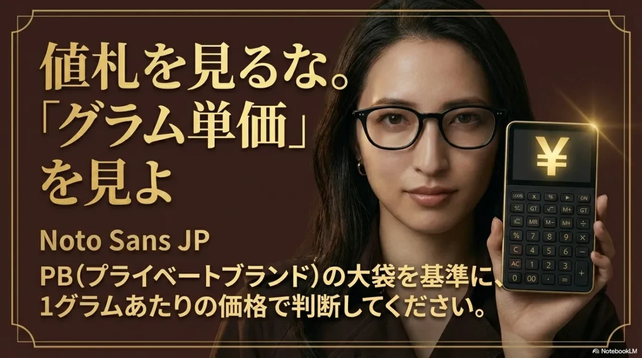 値札ではなくグラム単価で比較し、PB大袋を基準にする考え方を示す