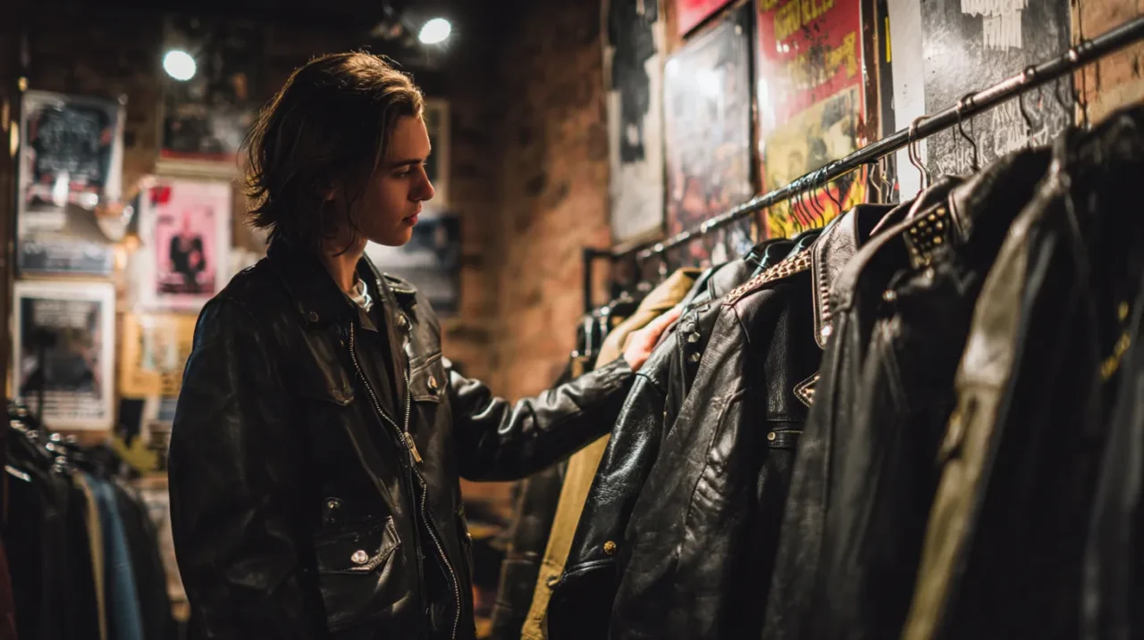 パンク系ポスターが貼られた店内で、ラックに並んだ複数の黒い革ジャンに手を伸ばしながら、どの一着を選ぶか真剣に見比べている若い男性の写真