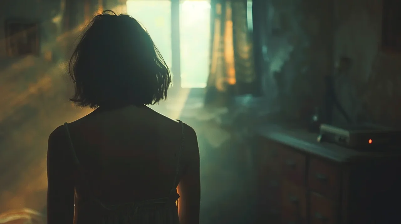 薄暗い部屋で逆光に照らされ、窓の光の中にシルエットとして佇む女性の後ろ姿を捉えた映画的な雰囲気のイメージ