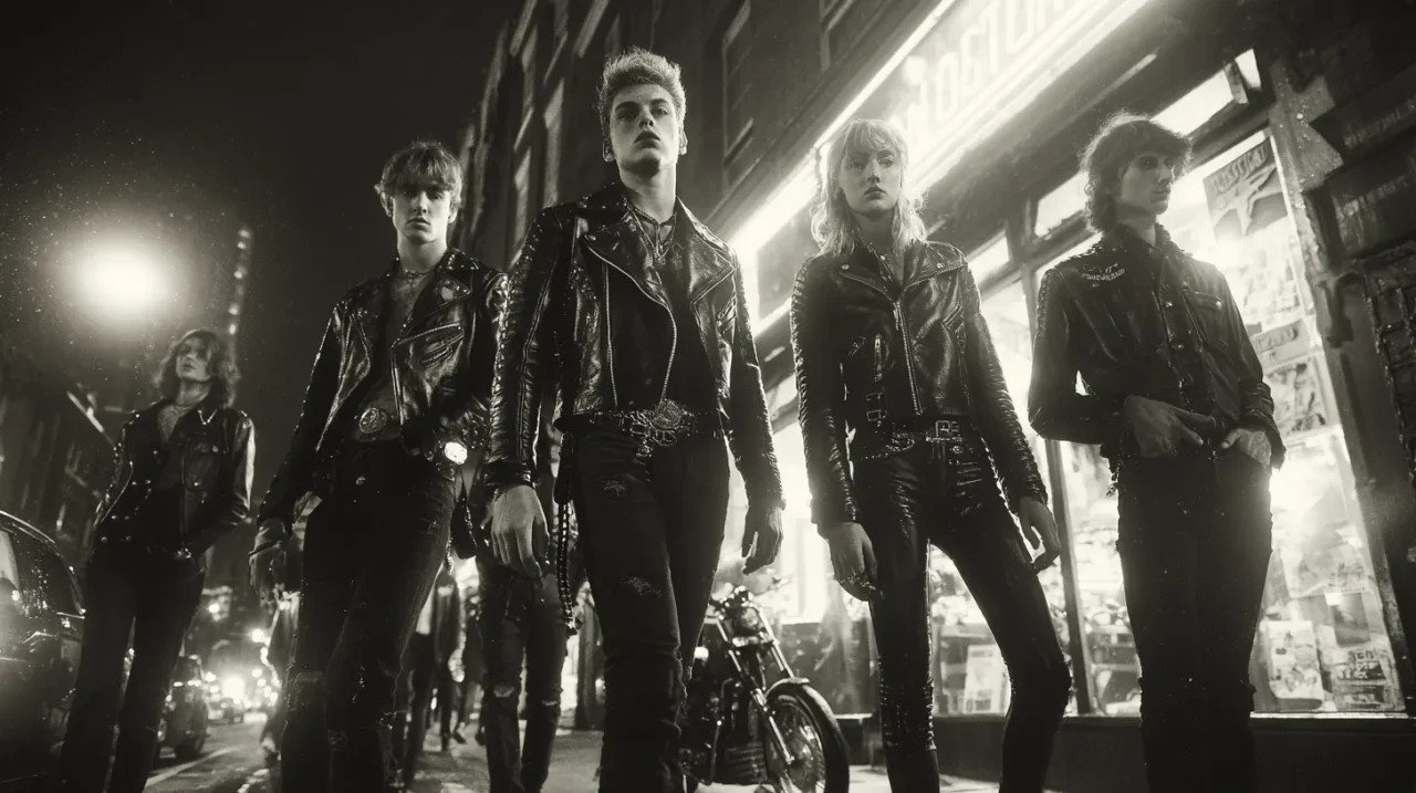 ネオンが光る夜のストリートで、黒いダブルライダースとスキニーデニムを着た若いパンクグループがこちらをにらむような表情で並んで立っている写真