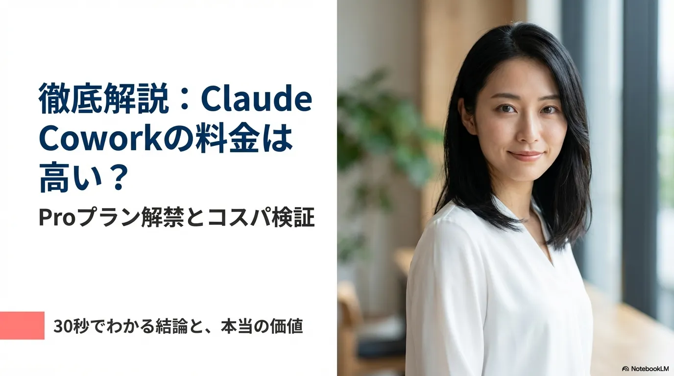 Claude Coworkの料金とPro解禁、コスパ検証を扱うスライド表紙