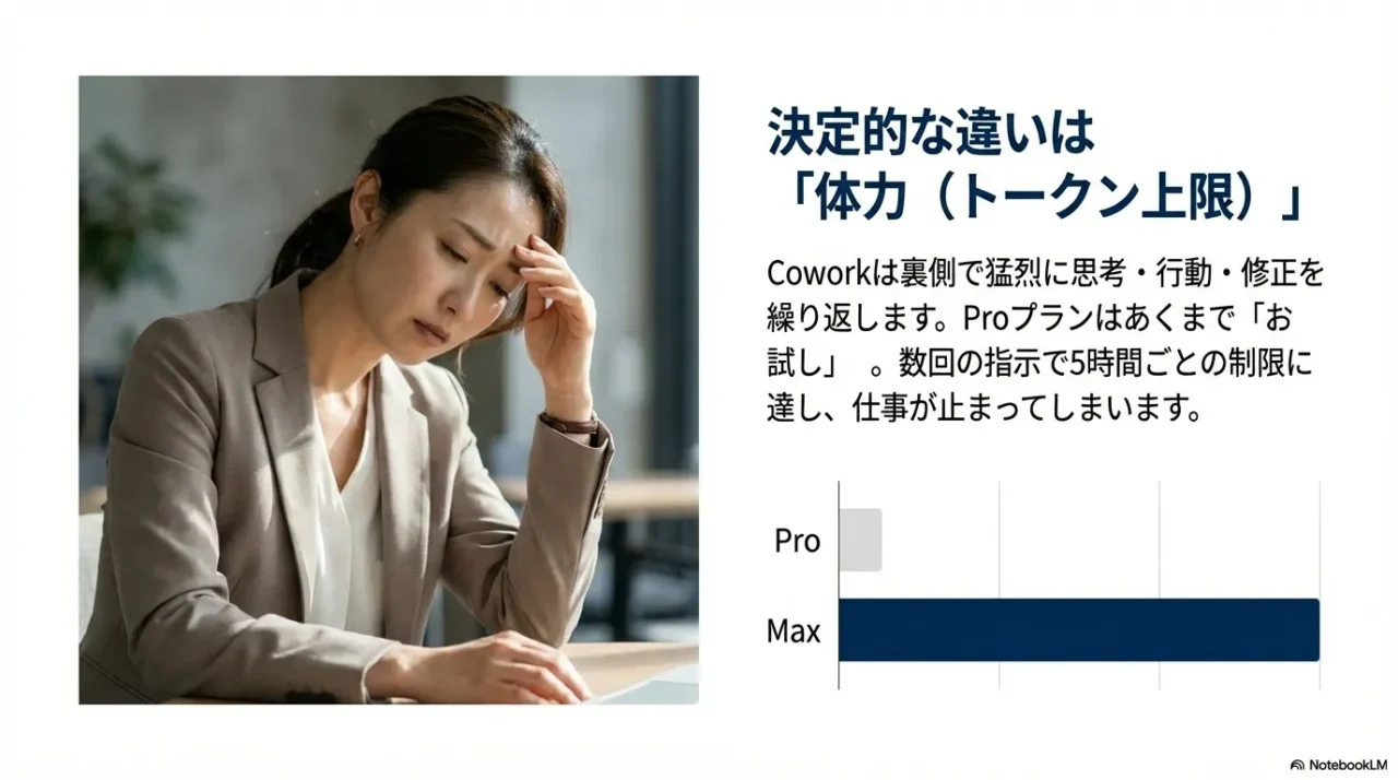 Proは体力が小さくMaxは大きい、トークン上限の差が使い勝手を左右することを示すスライド