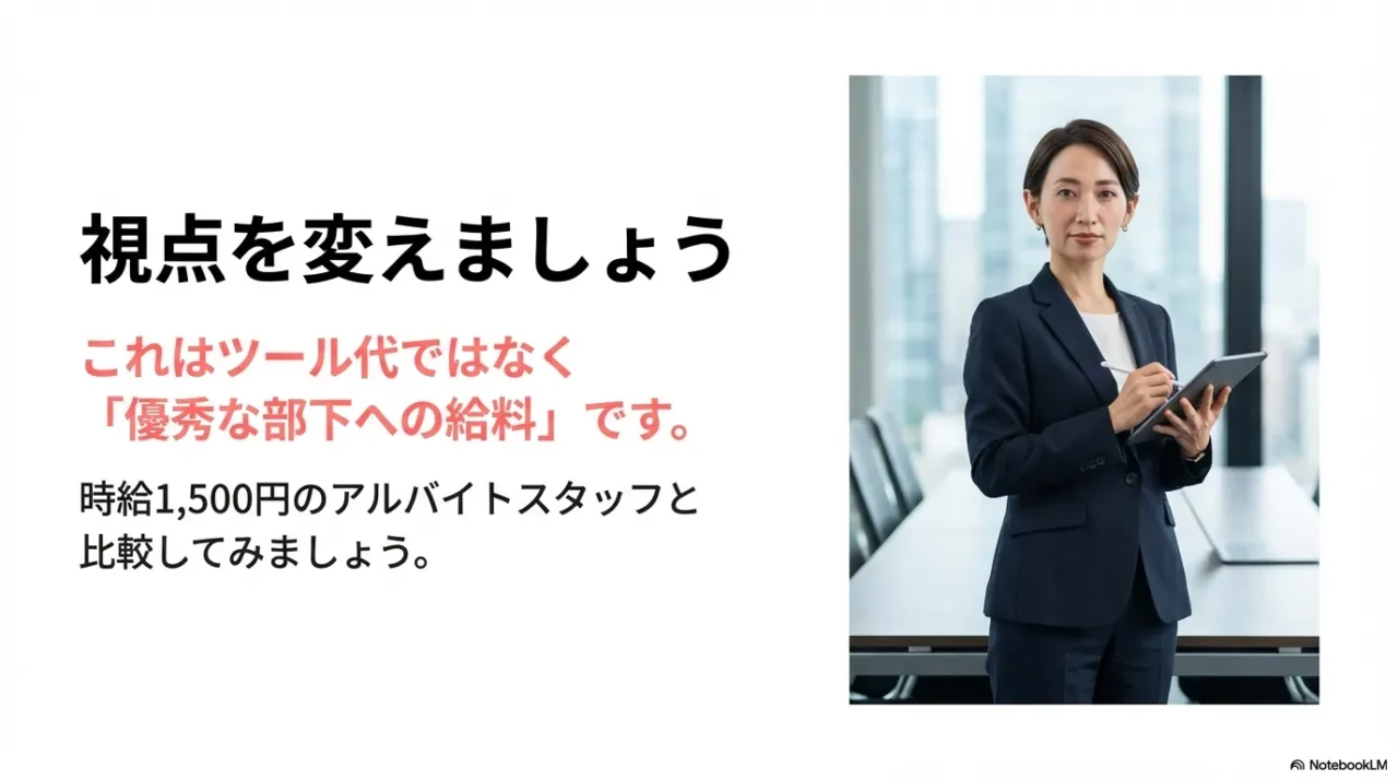 Claude Coworkをツール代ではなく優秀な部下への給料として捉える視点転換を示すスライド