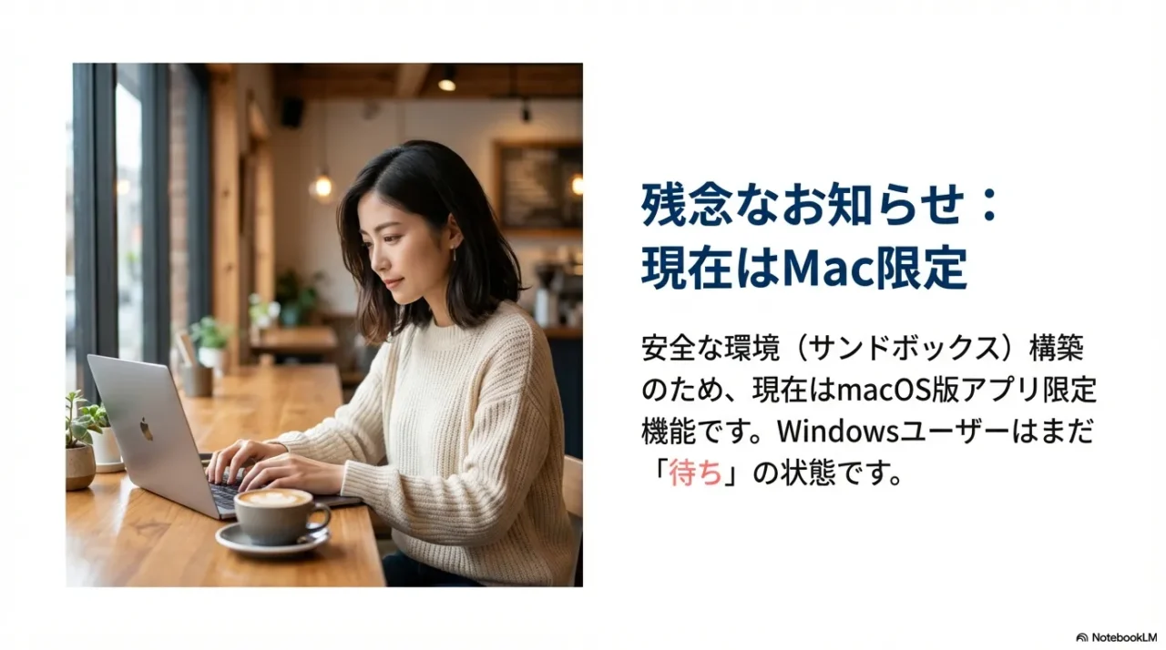 Coworkは安全なサンドボックス構築のため現状macOSアプリ限定でWindowsは待ちという説明スライド