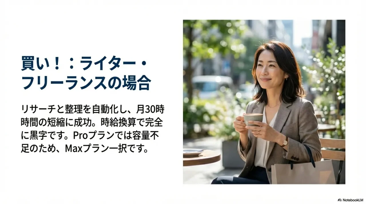 リサーチと整理を自動化して月30時間削減でき、時給換算で黒字になるためMax推奨と示すスライド