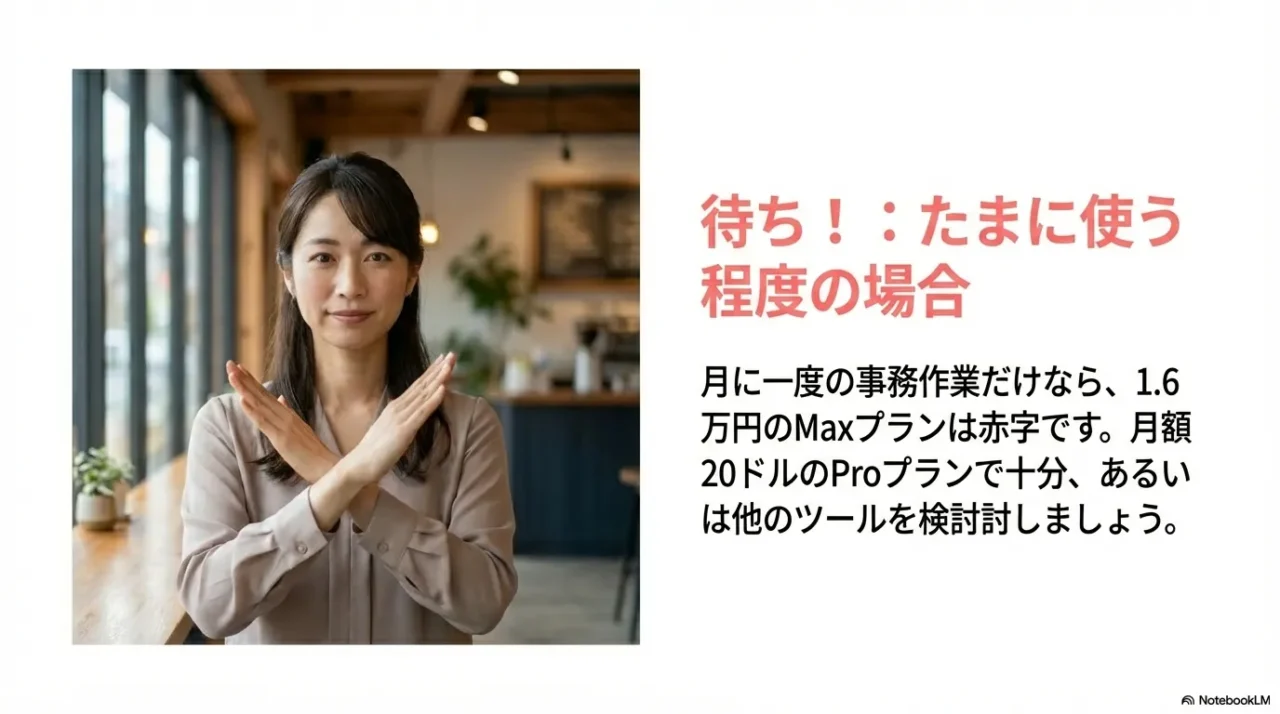 月1回程度の事務作業ならMaxは赤字になりやすく、Proで十分または他ツール検討と示すスライド