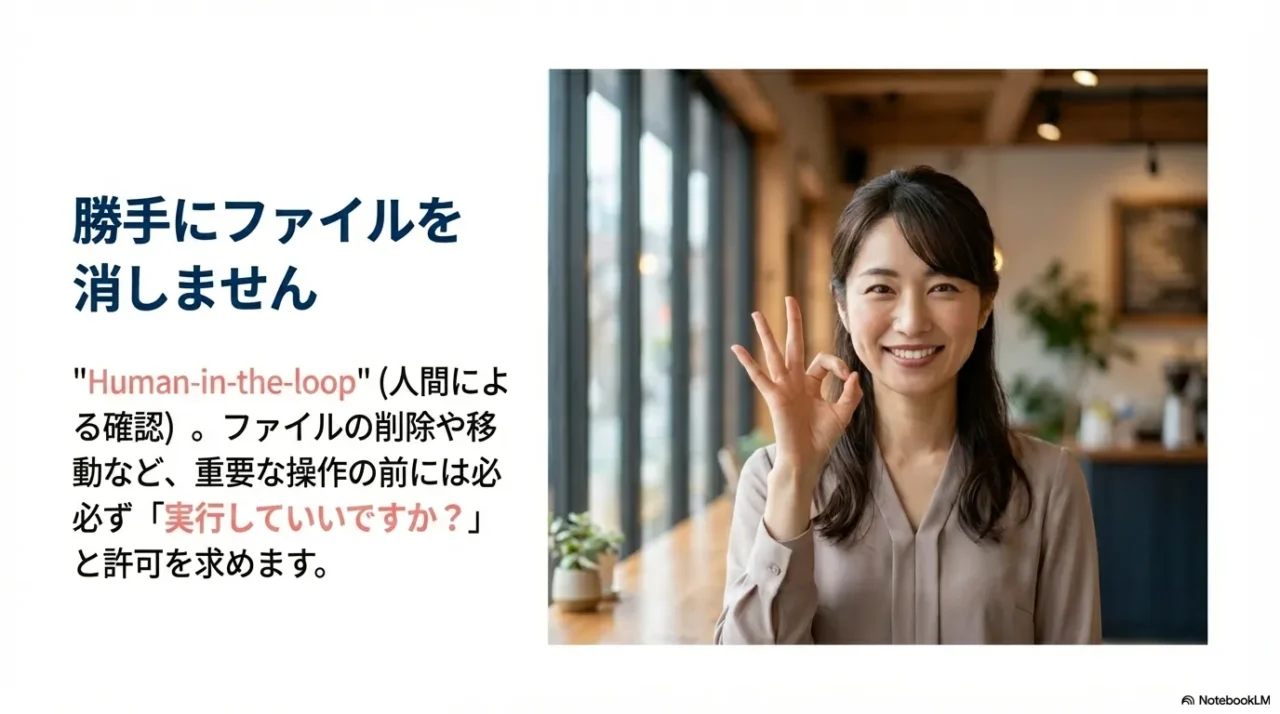 ファイル削除や移動など重要操作はHuman-in-the-loopで確認が入り、勝手に実行されないことを示すスライド