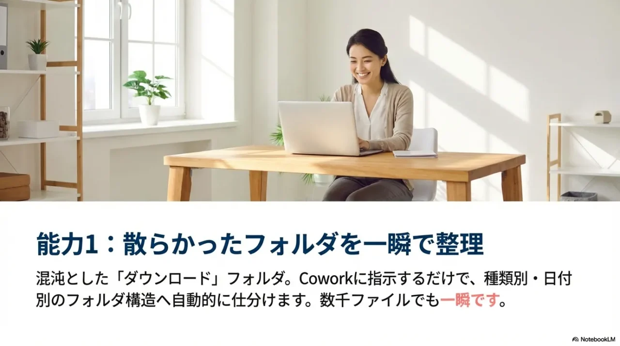 混沌としたダウンロードフォルダを種類別・日付別に自動仕分けする能力を示すスライド