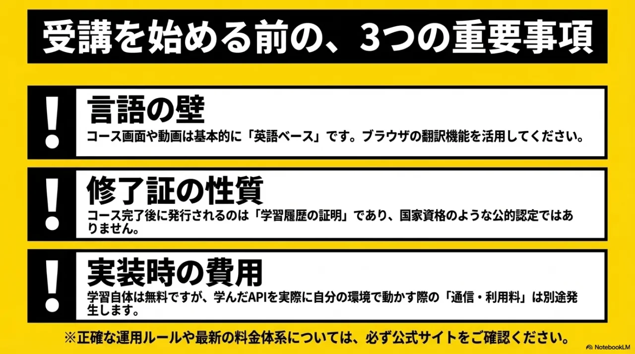 受講前に確認したい言語の壁、修了証の性質、実装時の費用をまとめた注意点の画像