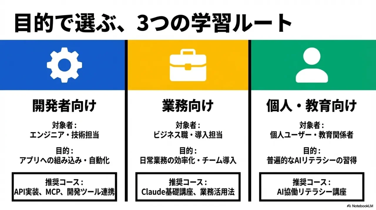 開発者向け、業務向け、個人教育向けの3つの学習ルートを示した画像