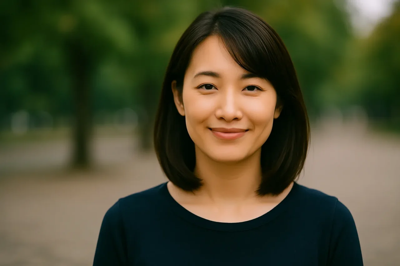 清潔感のある紺の服を着た落ち着いた日本人女性が横向きに微笑んでいる