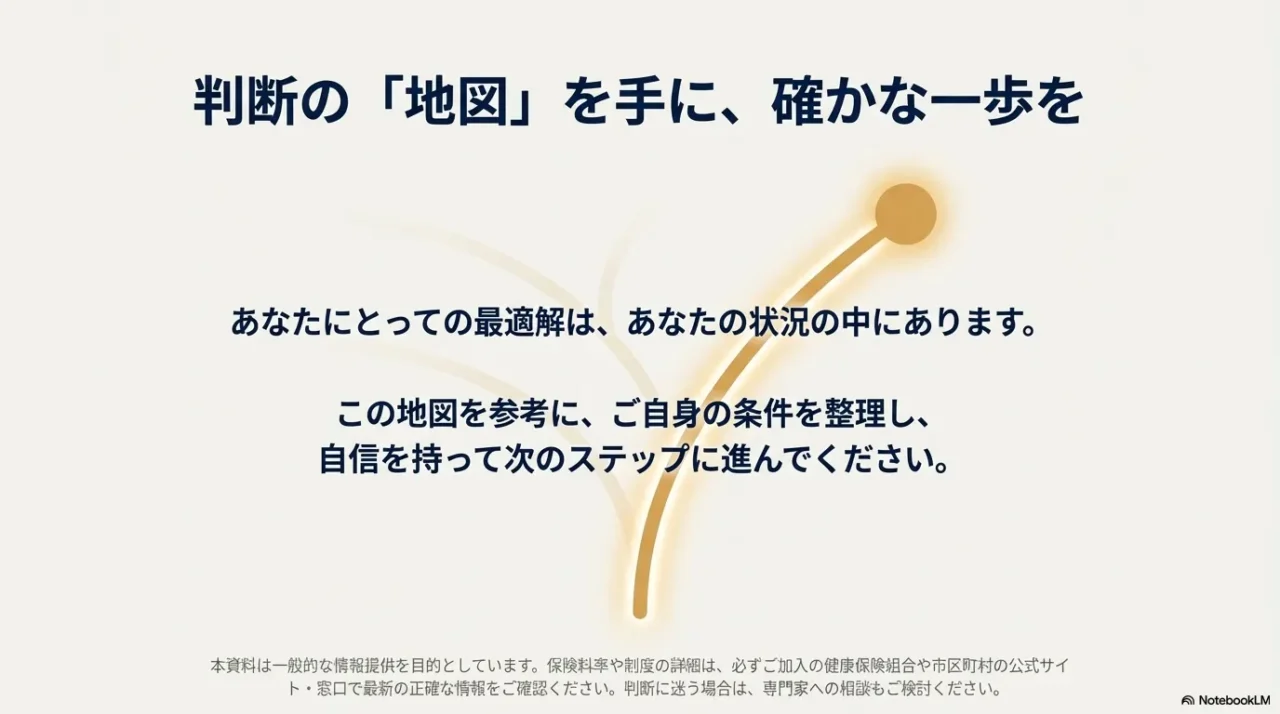 判断の地図を持って次のステップへ進むためのメッセージと、免責事項が記載されたスライド