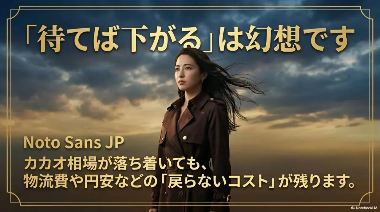 カカオ相場が落ちても円安や物流費が残り、店頭価格が下がりにくいことを示す画像