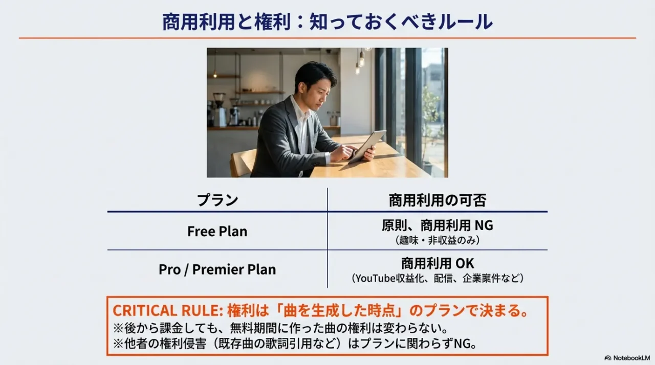Free Planは商用不可、ProやPremierは商用可などSuno AI権利ルール要点