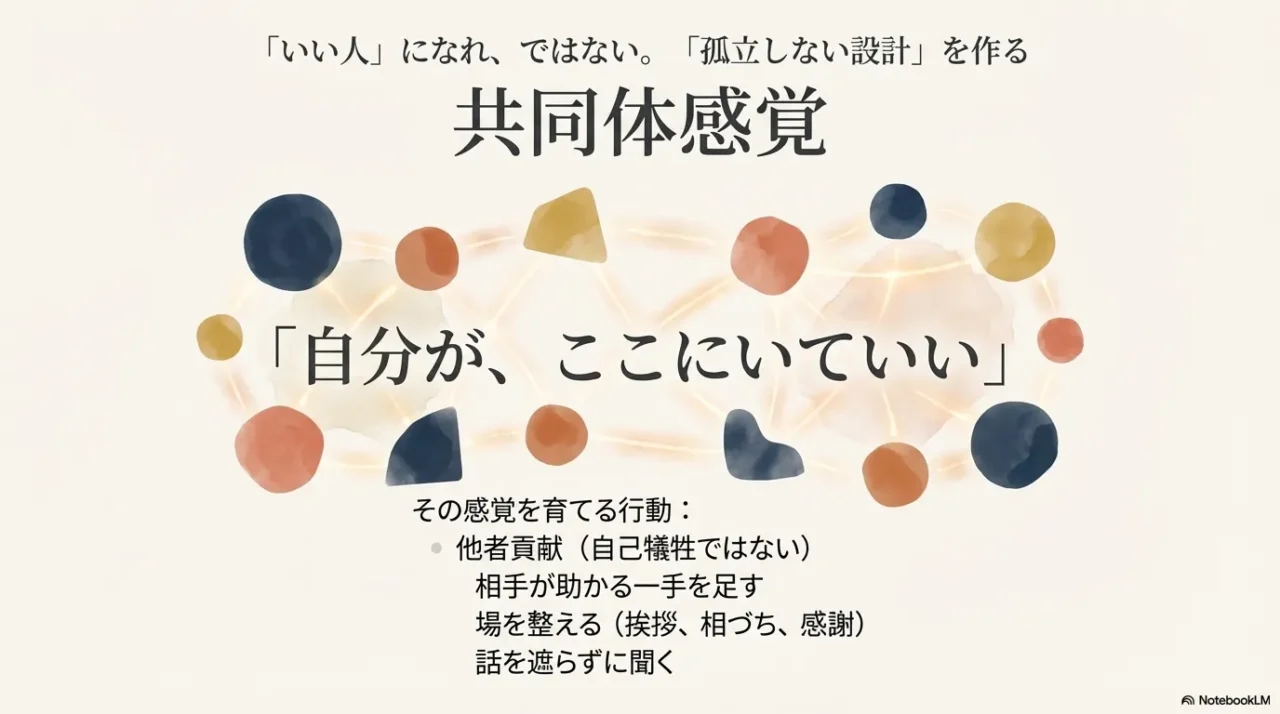 共同体感覚とは孤立しない設計であり、小さな他者貢献から育てるものだという図解