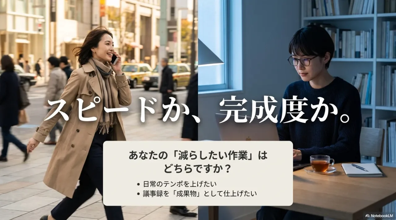 日常のテンポを上げたいならAquavoice、議事録を成果物にしたいならSuperwhisperという選び方の基準チャート。