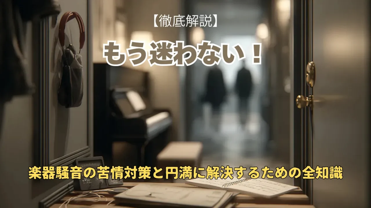 マンションの廊下に置かれた騒音計とメモ帳、奥にぼんやりと歩く人影、そして部屋の中のピアノが見える、楽器騒音問題を象徴するシーン