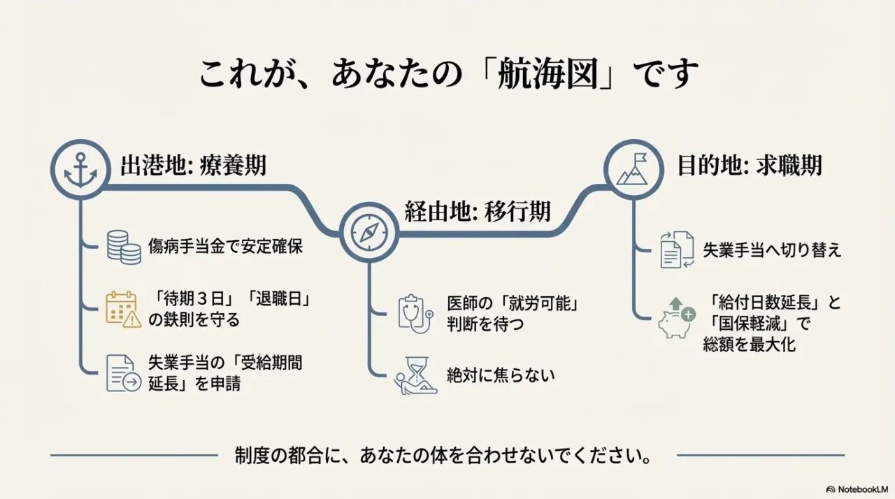 傷病手当金での療養、失業手当への切り替え、延長申請、国保軽減などの全工程を時系列でまとめた再就職までの航海図スライド