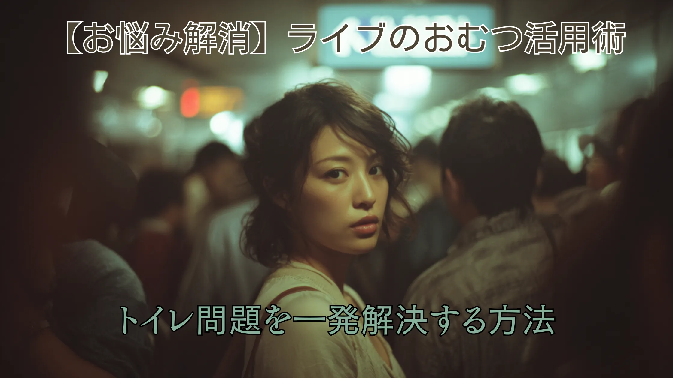 混雑するライブ会場の通路で、トイレを我慢して不安そうな表情を浮かべる30代の女性。画面には「【お悩み解消】ライブのおむつ活用術」「トイレ問題を一発解決する方法」の文字が重なっている。