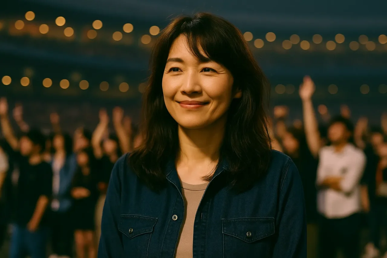 コンサート会場内で笑顔を見せる中年の日本人女性