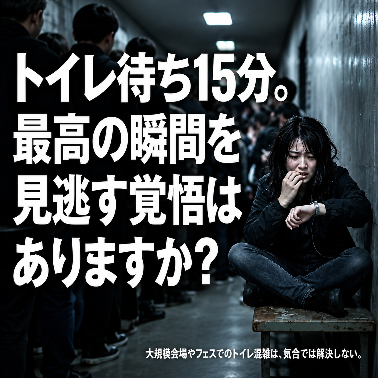 ライブ会場の混雑したトイレの行列と、腕時計を見ながら待ち時間を心配する女性。「トイレ待ち15分。最高の瞬間を見逃す覚悟はありますか？」という文字が大きく表示されている。