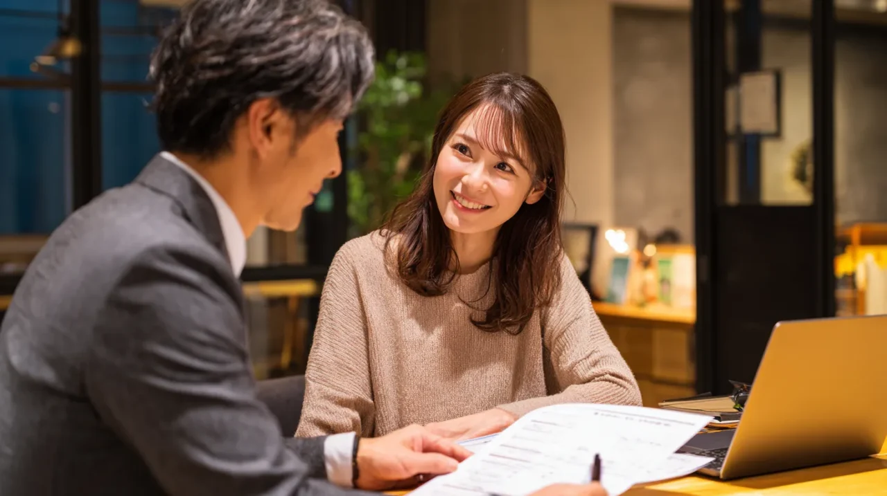 社労士らしき専門家と書類を確認しながら相談する笑顔の日本人女性のイメージ