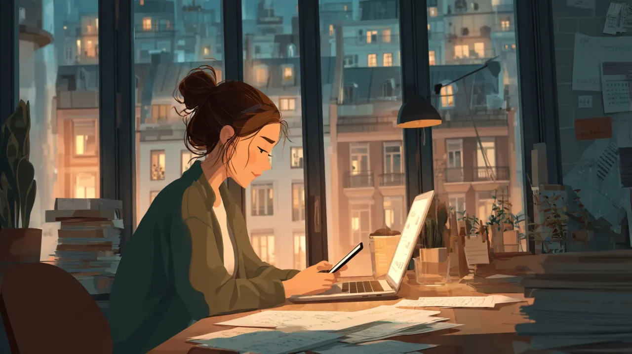 マンションの部屋で女性が机に向かい、スマートフォンとノートパソコンを使いながら管理会社へ騒音相談の連絡をしている様子を描いたイラスト。