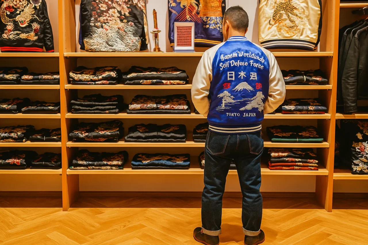 スカジャン姿の中年男性が店内で背中を向けて立っている様子