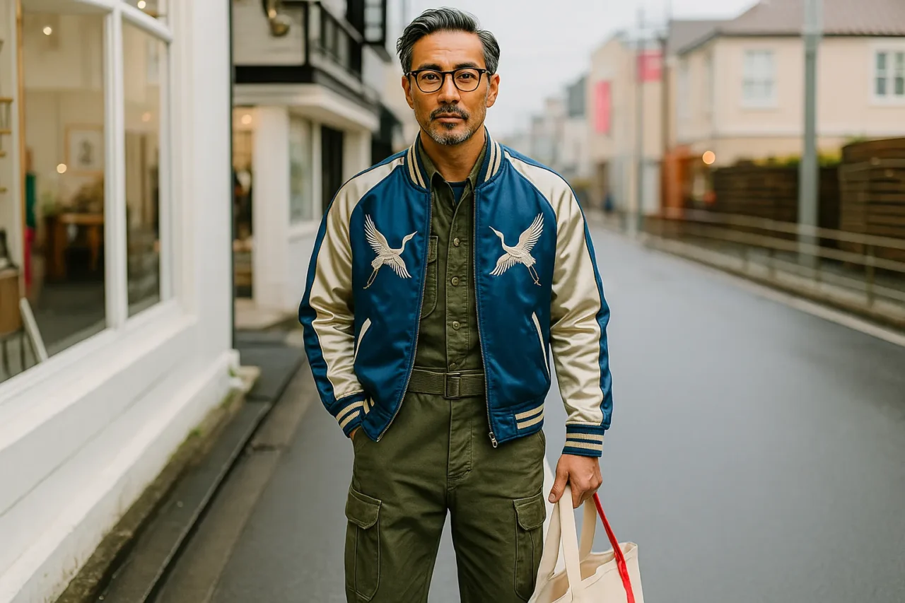 ライトブルーのスカジャンとミリタリースタイルを着こなす日本人のイケオジ