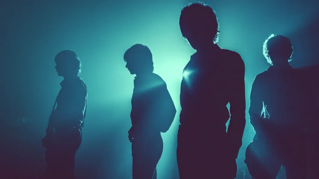 青いバックライトに照らされ、4人のミュージシャンがシルエットとして並んで立っている画像。逆光によって輪郭だけが浮かび上がり、クールで静かな雰囲気を演出している。