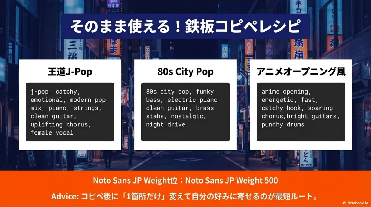 王道J-POPと80sシティポップとアニメOPのSuno AIプロンプト例文