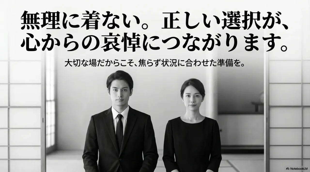 無理にきつい喪服を着るより、状況に合った正しい選択をすることが大切だと伝える男女の画像