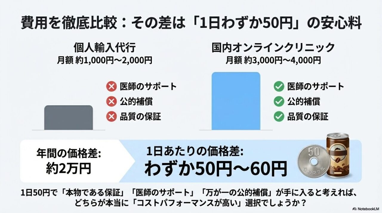 月額費用の差を日割り計算すると、安心料はわずか1日50円〜60円程度であることの比較図