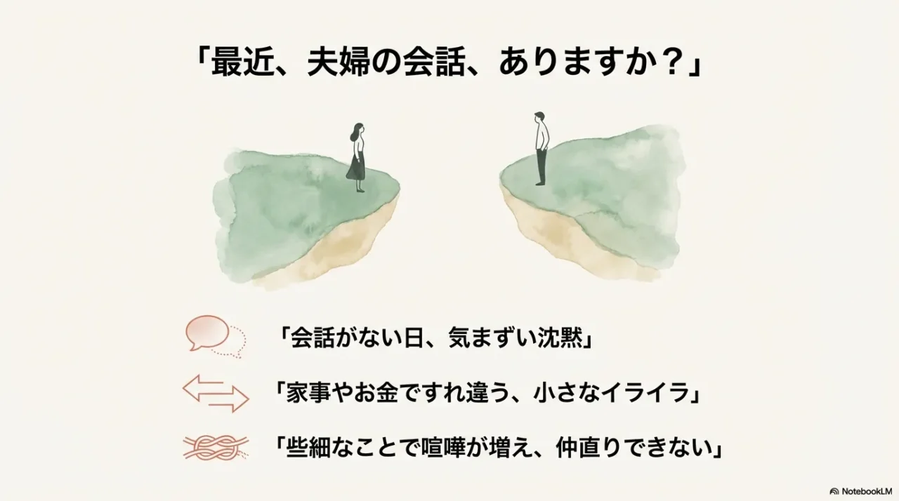 最近夫婦の会話が減り、家事やお金のすれ違い、喧嘩が増える悩みを示すスライド