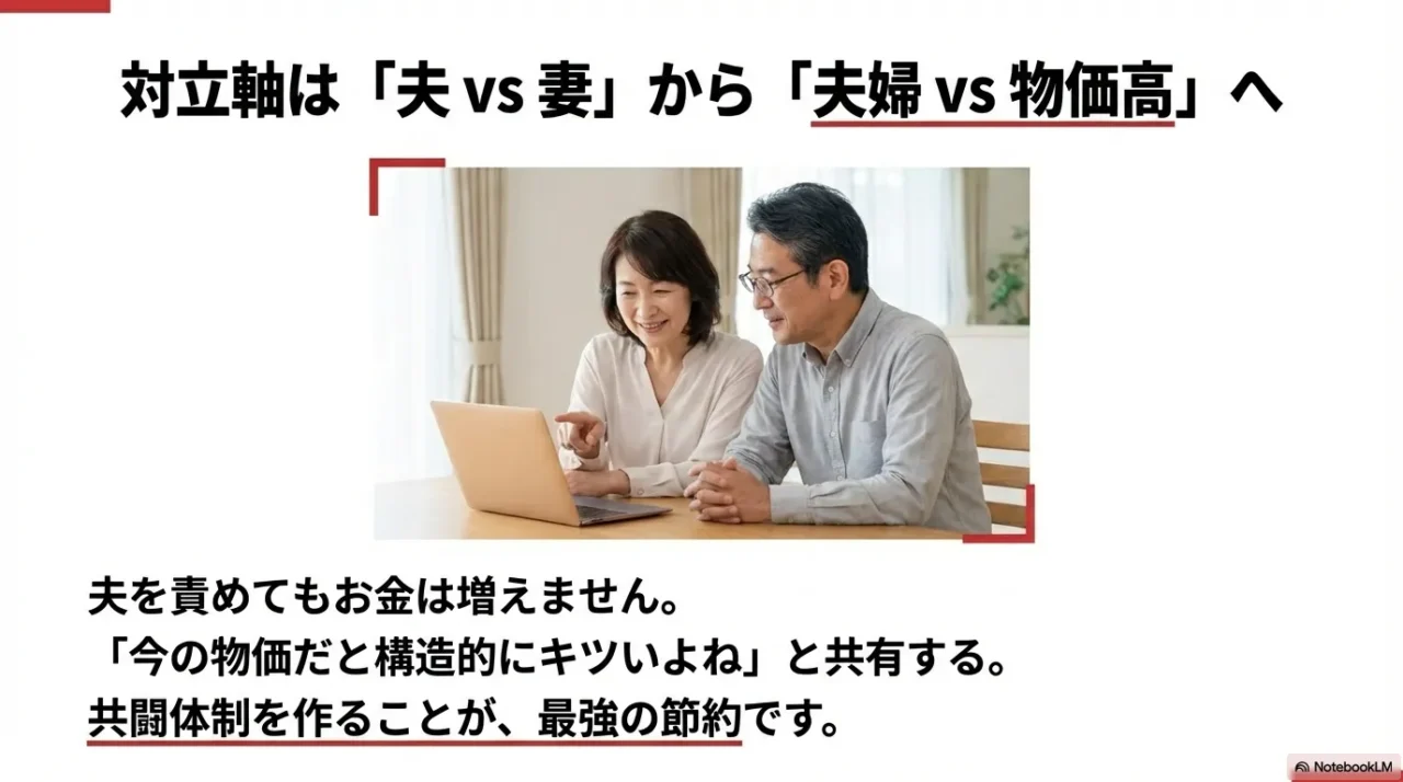 夫vs妻ではなく夫婦vs物価高に切り替えるイメージ
