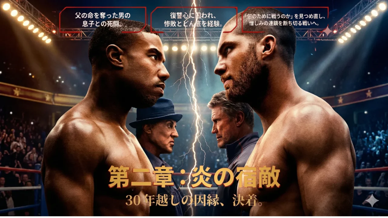 アドニスと宿敵が向かい合い、「第二章:炎の宿敵」と大きく表示された、因縁の対決を象徴する画像