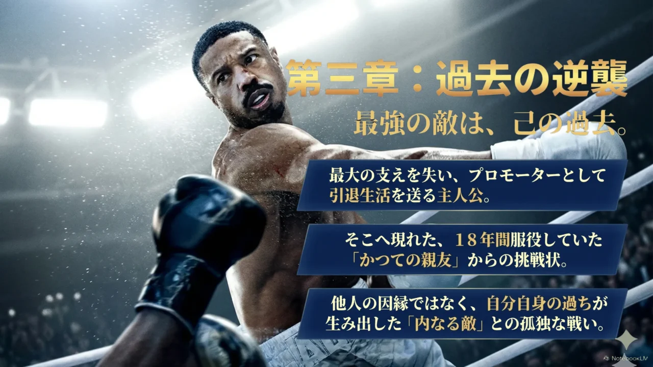 鏡越しに向き合う二人のボクサーと「第三章:過去の逆襲」の文字で、過去との対決を表した画像