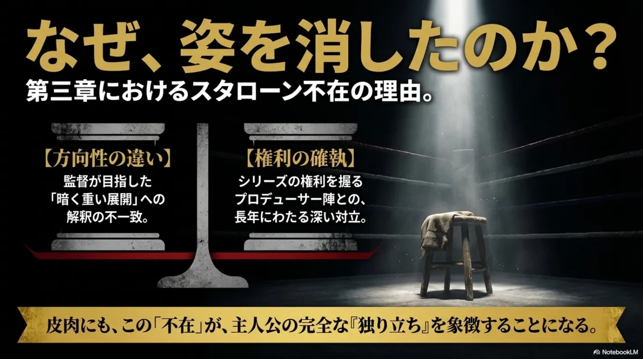 スポットライトの下の椅子と「なぜ、姿を消したのか?」の文字で、ロッキー不在の理由を示した画像