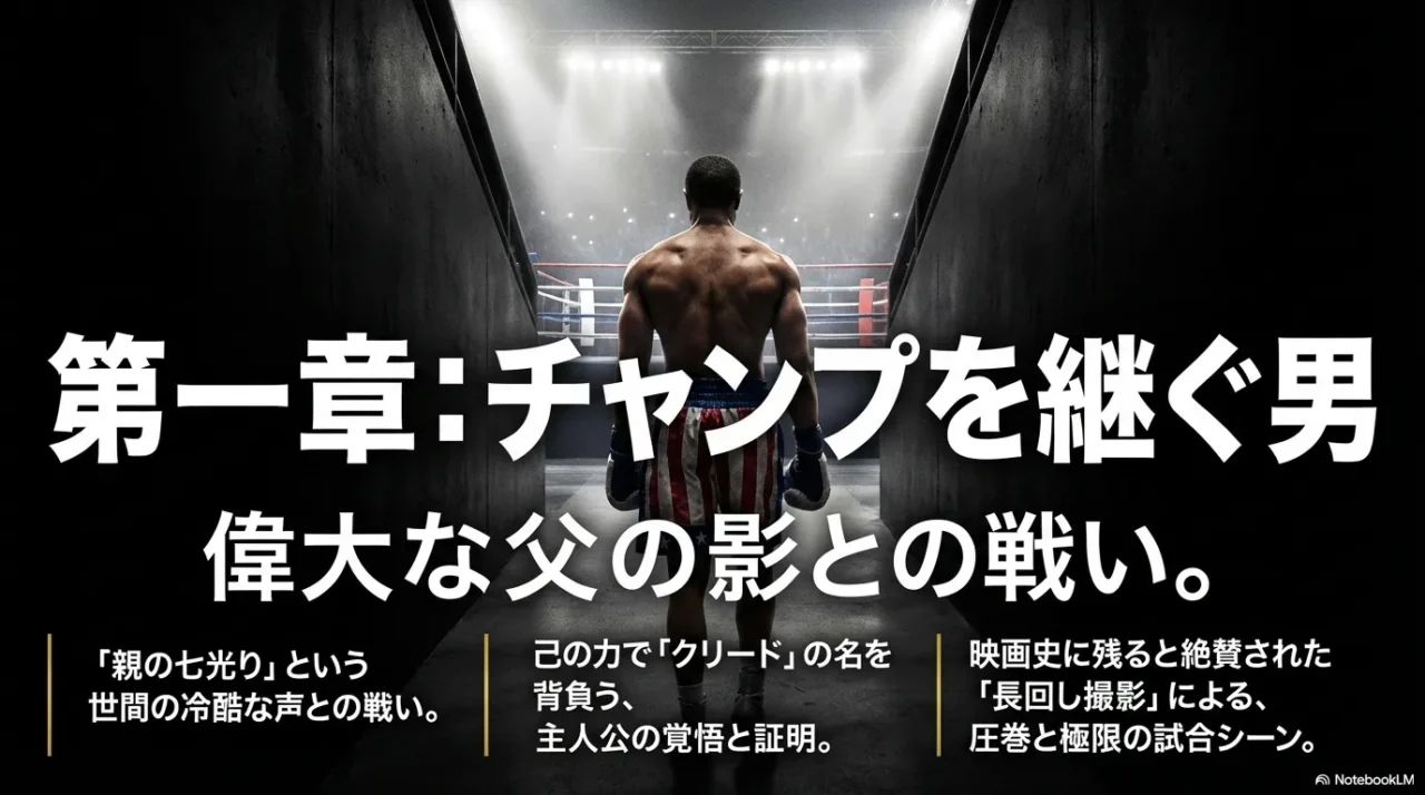 リングへ向かうアドニスの後ろ姿と「第一章:チャンプを継ぐ男」の文字で、1作目のテーマを示した画像