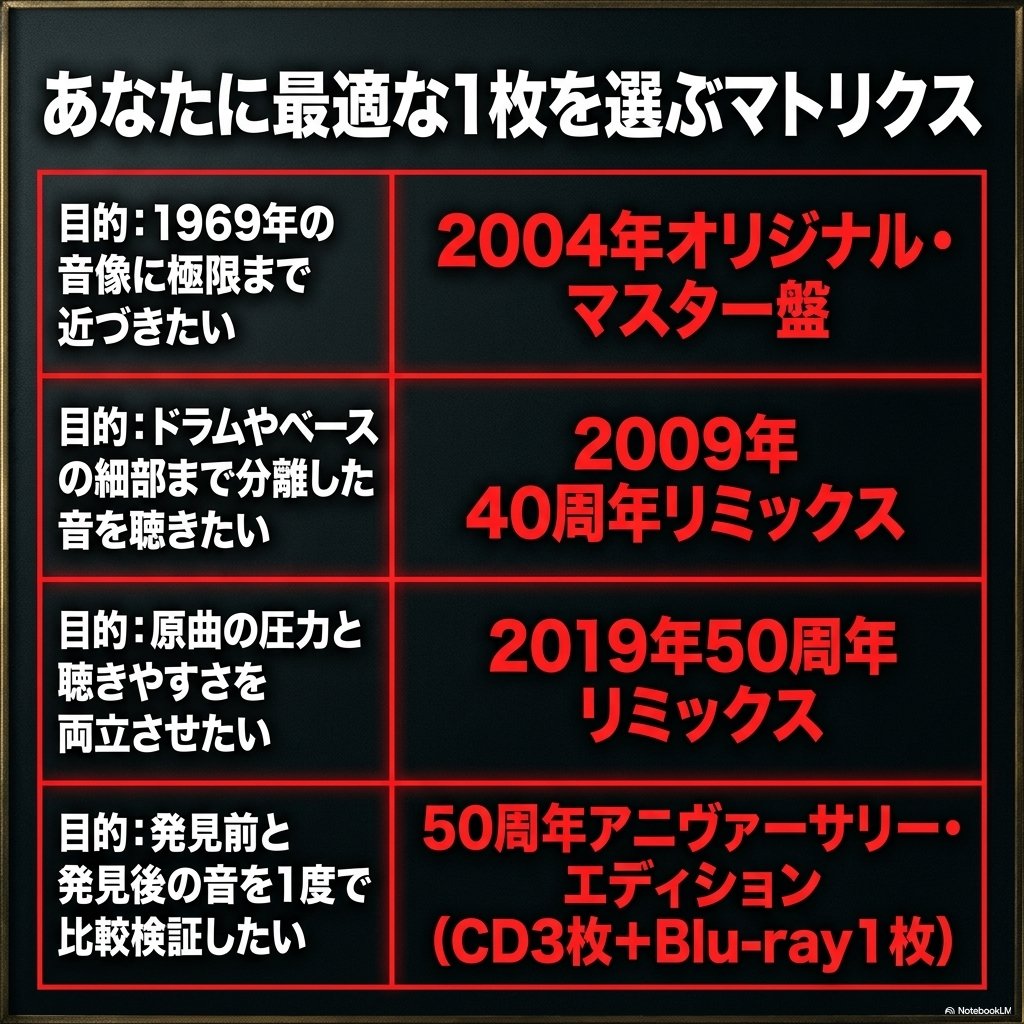 目的と推奨盤を左右に並べた4行の表で、2004年オリジナル・マスター盤、2009年と2019年のリミックス、50周年エディションの選び分けを示したマトリクス図。