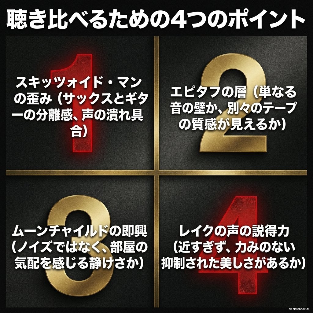 大きな数字の1から4を配した4分割の図で、スキッツォイド・マンの歪み、エピタフの層、ムーンチャイルドの即興、レイクの声という聴き比べの着眼点をまとめた画像。