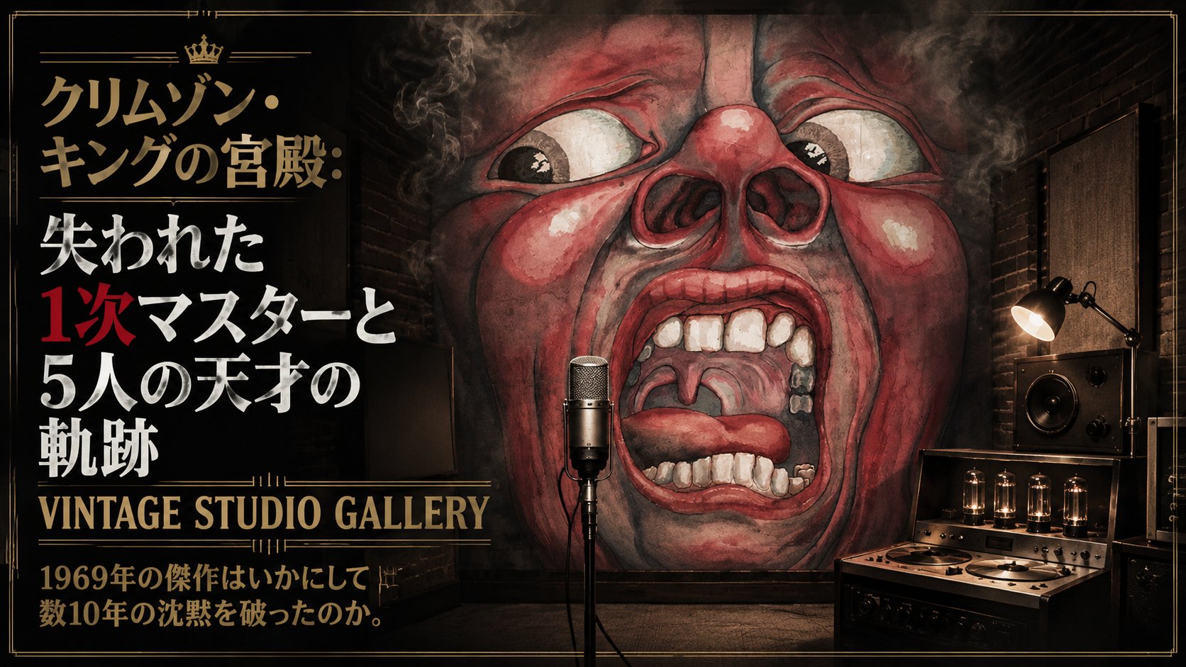 薄暗いスタジオの壁に『クリムゾン・キングの宮殿』の赤い顔のジャケット画が大きく掲げられ、手前にヴィンテージのコンデンサーマイクとオープンリール・テープデッキが置かれた記事のアイキャッチ画像。