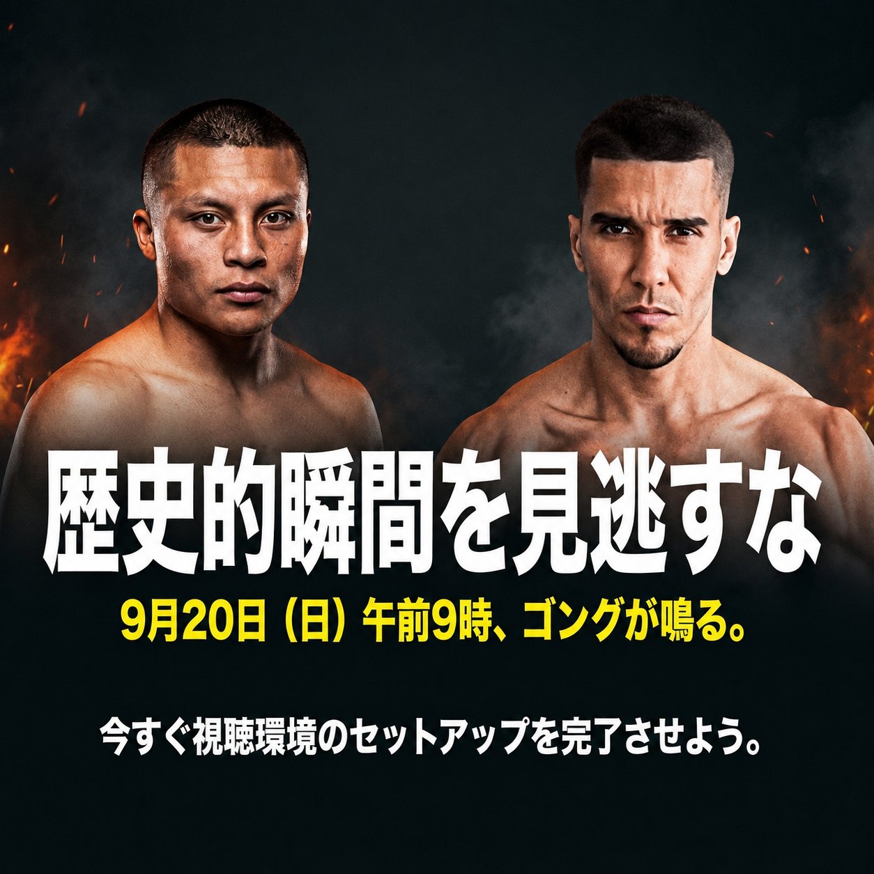 クルスとブラボを正面に配置し、「歴史的瞬間を見逃すな」と9月20日午前9時の配信開始を強調した試合リマインダー画像。